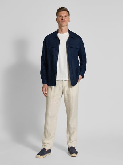 Manuel Ritz Regular fit linnen overhemdjack met klepzakken op de borst Marineblauw - 1