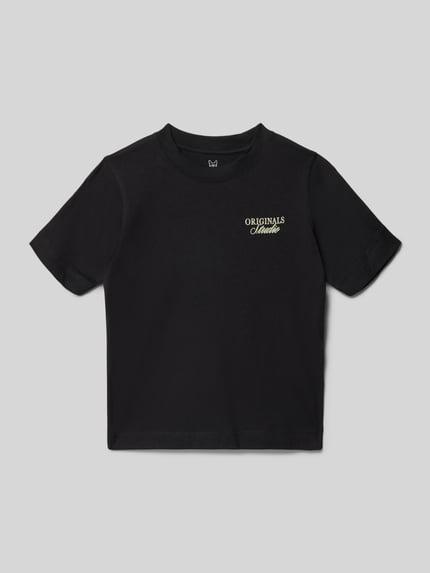 Produktfoto, Regular Fit T-Shirt mit Statement-Print Modell 'Bro' von JACK & JONES, Kinder T-Shirt aus reiner Baumwolle, schwarzer Stoff, Rundhalsausschnitt, Rückenlänge bei Größe 140: 50 cm