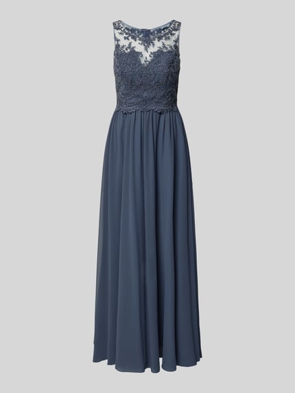 Produktfoto, Regular Fit Abendkleid mit floralem Spitzenbesatz von Laona in Blau mit semitransparentem Design, Ziersteinbesatz und blickdichtem Unterrock.
