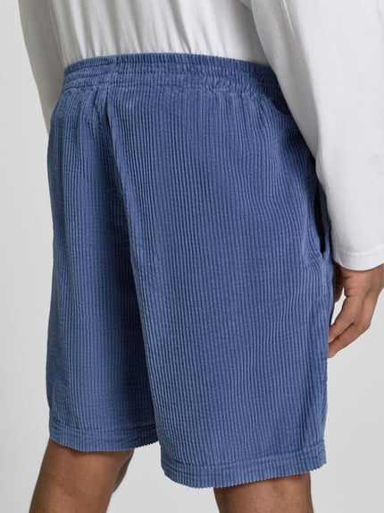 Männermodel trägt Shorts mit elastischem Bund Modell 'PADOW' von American Vintage aus reiner Baumwolle in Blau, Detailaufnahme Rückansicht.