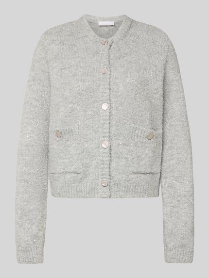 Produktfoto, Strickjacke mit Knopfleiste von Rich & Royal in Hellgrau, lockerer Schnitt, Woll-Mix, gerippte Abschlüsse, runde Form, strukturierte Oberfläche