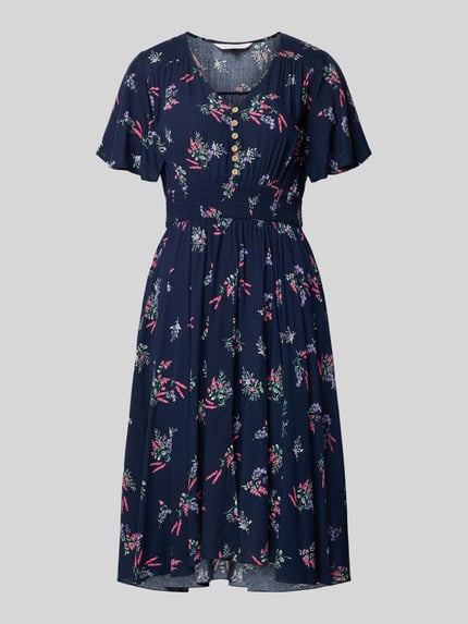 Produktfoto, Knielanges Kleid aus Viskose mit V-Ausschnitt von Apricot in Dunkelblau mit Allover-Look, A-Linie, Knopfleiste, elastisches Taillenband, Rückenlänge 104 cm, Brustweite 44 cm, Ärmellänge 21 cm