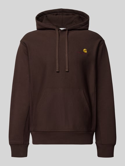 Produktfoto, Hoodie mit Kapuze von Carhartt Work In Progress aus braunem Baumwoll-Mix, lockerer Schnitt, Känguru-Tasche, Label-Stitching.