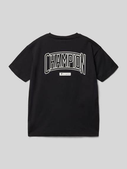 Produktfoto, zwart T-shirt met label-print en ronde hals, regular fit, katoen, ruglengte maat 140: 56 cm, 'T-Shirt mit Label-Print und Rundhalsausschnitt' van CHAMPION