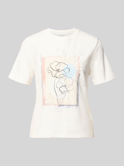 Produktfoto, T-Shirt mit Rundhalsausschnitt und Motiv-Print von Christian Berg Woman, damski t-shirt z bawełny, krój regular fit, okrągły dekolt, nadruk z motywem, długość tyłu w rozmiarze S: 55 cm, kolory jasne, geometryczne kształty, delikatna tekstura
