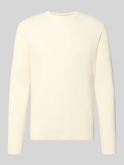 Produktfoto, Slim Fit Strickpullover Baumwoll-Mix von Lindbergh in Creme mit gerippter Optik, Rundhalsausschnitt, lange Ärmel, schlichte Textur