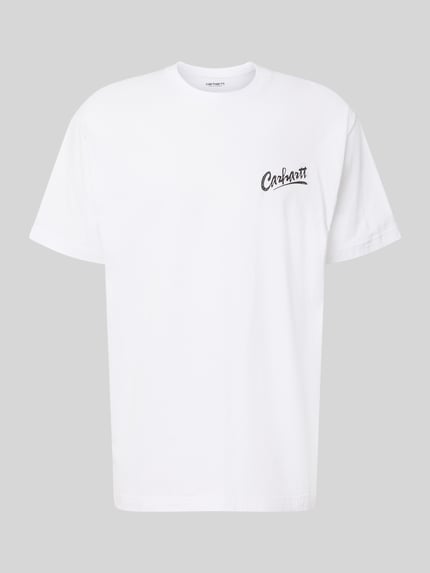 Produktfoto, weißes Regular Fit T-Shirt aus reiner Baumwolle Modell 'Pup' von Carhartt Work In Progress mit Label-Print vorne.