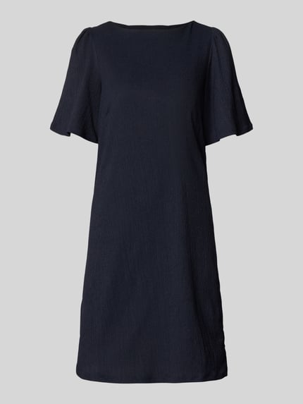 Produktfoto, Knielanges Kleid mit Rundhalsausschnitt von Zero in Dunkelblau, Material-Mix mit Stretch-Anteil, gerader Schnitt, feine Struktur