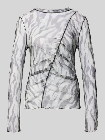 Produktfoto, Longsleeve aus Mesh Modell 'BEATE' von Topshop in Grau und Weiß mit Ziernaht, semitransparent, Slim Fit, Stehkragen, elastische Abschlüsse.