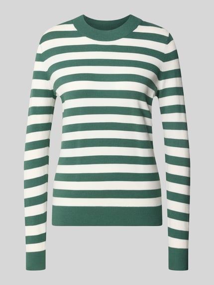 Produktfoto, Strickpullover mit Rundhalsausschnitt von Christian Berg Woman, grün-weiß gestreift, taillierter Schnitt, Viskose-Mix, gerippte Abschlüsse