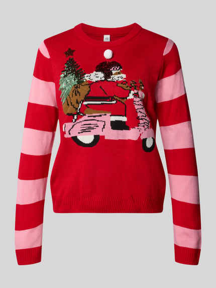 ONLY Strickpullover mit weihnachtlichem Motiv-Print Rot 1