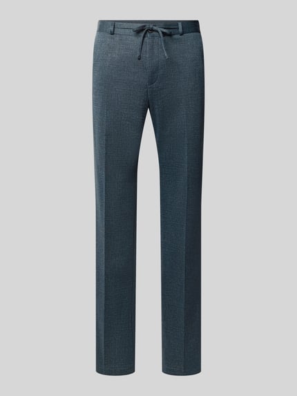 Produktfoto, Straight Fit Stoffhose mit Tunnelzug Modell 'Sparta' von Zuitable in Blau mit Bundfalten, Gürtelschlaufen, Eingriff- und Gesäßtaschen, strukturierte Materialoptik, Kontext: Bundweite bei Größe 50 beträgt 43 cm, Innenbeinlänge 82 cm.