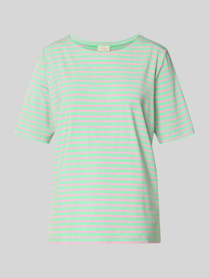 Produktfoto, Relaxed Fit T-shirt uit viscosemix van Milano Italy voor dames, elastische materiaalmix, ronde hals, met korte mouwen, ruglengte bij maat S 61 cm, lichtgroen en roze gestreept design