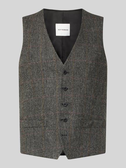 Produktfoto, Regular Fit Weste aus reiner Viskose mit Paspeltaschen von Roy Robson in Grau mit feinem Muster, glatte Textur, durchgängige Knopfleiste, V-Ausschnitt, Herren Weste, Rückseite und Maße laut Kontext