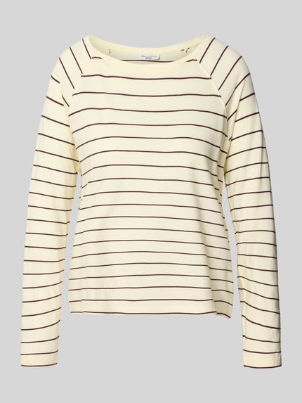 Produktfoto, Regular Fit Langarmshirt aus reiner Baumwolle von Marc O'Polo, Damen Langarmshirt, cremefarben mit dünnen braunen Streifen, glatte Struktur