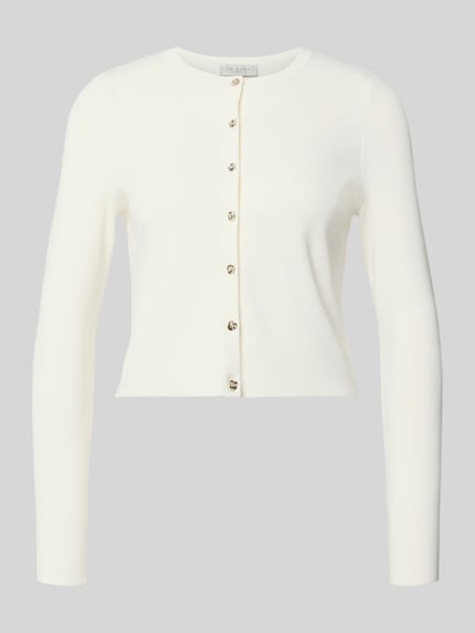 Produktfoto, Slim Fit Cardigan aus Viskose-Mix Modell 'Velda' von Ted Baker in Offwhite, Strick-Optik, langärmelig, Rundhalsausschnitt, durchgehende Knopfleiste