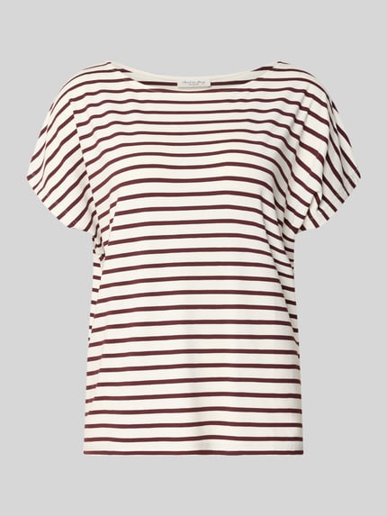 Produktfoto, T-Shirt mit Rundhalsausschnitt von Christian Berg Woman, biało-bordowe paski, prosty krój, mieszanka wiskozy z elastanem, długość tyłu w rozmiarze S 57 cm