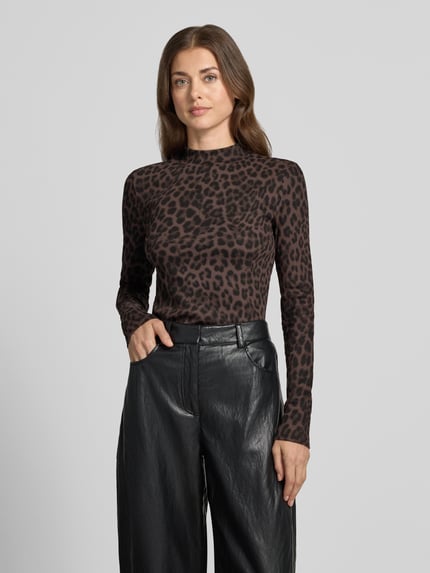 Jake*s Casual Langarmshirt mit Rippstruktur Dunkelbraun 4