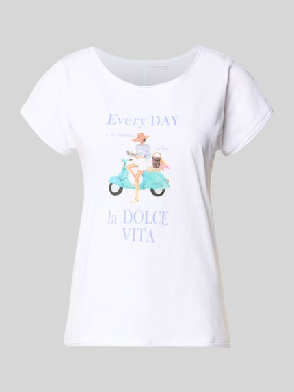 Produktfoto, damski t-shirt z bawełny o prostym kroju z okrągłym dekoltem i zrolowanym brzegiem, Christian Berg Woman, długość tyłu 62 cm dla rozmiaru S