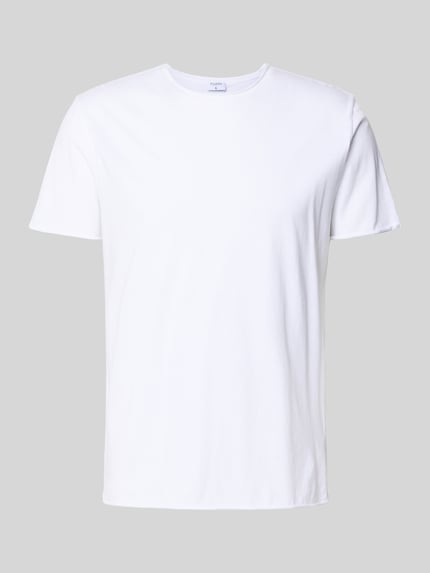 Produktfoto, weißes T-Shirt mit Rollsaum von Filippa K aus reiner Baumwolle, gerader Schnitt, Rundhalsausschnitt, glatte Textur