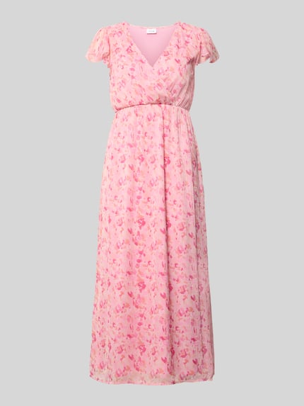 Produktfoto, Damen Midikleid von Vila, Modell 'EMMA', A-Linie im Allover-Look, rosa mit floralen Mustern, V-Ausschnitt, weich strukturierte Oberfläche