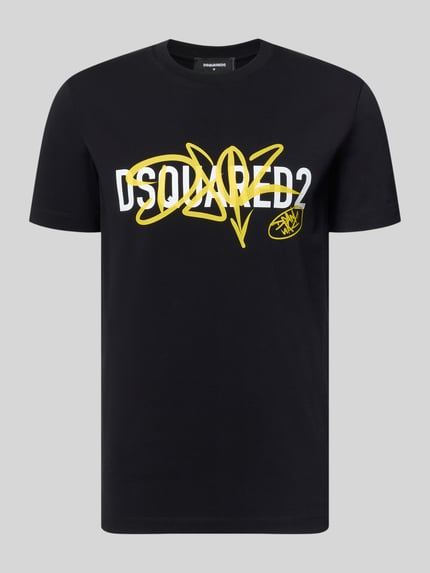 Produktfoto, Regular Fit T-Shirt aus reiner Baumwolle mit Rundhalsausschnitt von Dsquared2 in Schwarz mit gelbem und weißem Frontprint, elastische Blende, kurzärmelig, Rückenlänge 70 cm Größe M