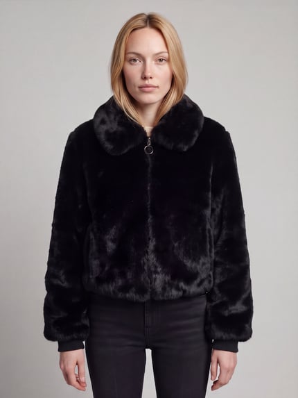Frauenmodel trägt Webpelzjacke Modell 'Fabi-1' mit Umlegekragen von HUGO, unifarben, strukturierte Oberfläche, metallische Akzente, Ganzkörperansicht von vorne.