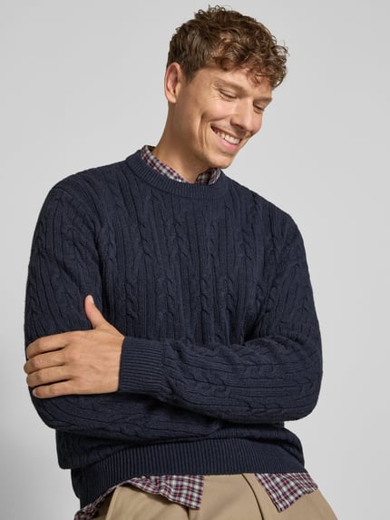 Fynch-Hatton Strickpullover aus Baumwoll-Woll-Mix mit Zopfmuster Marine 3
