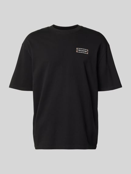 Productfoto, zwart Oversized T-Shirt met geribde ronde halslijn, logo-print voorzijde, rugprint, model 'Viborg' van Pegador, katoen, oversized fit