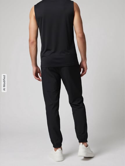 Männermodel trägt schwarze Regular Fit Trainingshose mit Logo-Print Modell 'FORM' von Nike, schlichte Textur, Ganzkörperansicht Rückansicht, Herren Trainingshose von Nike Training, KI-modifiziertes Bild.
