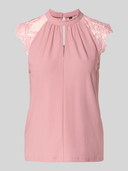 Produktfoto, Regular Fit Kurzarmbluse mit semitransparenter Besatz Modell 'MILLA' von VERO MODA, rosa Farbton, Spitzen-Details, Damen Kurzarmbluse