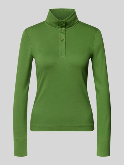 Produktfoto, Slim Fit Longsleeve aus Baumwoll-Mix van Marc Cain in elastische katoenmix met opstaande kraag en knoopsluiting, kleur groen, 55 cm ruglengte, damesmode