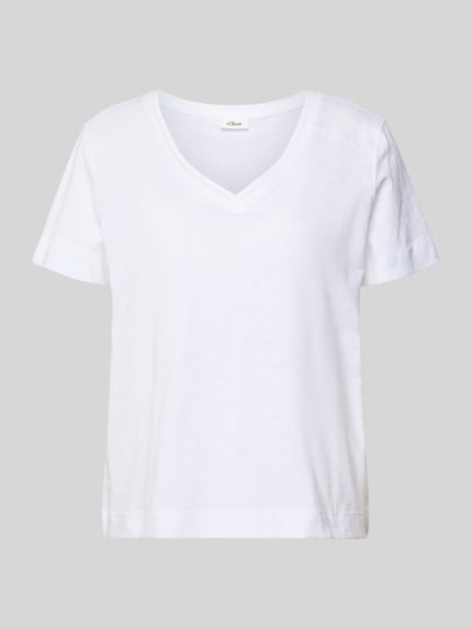 Produktfoto, Relaxed Fit T-Shirt aus reiner Baumwolle von s.Oliver RED LABEL in Weiß, Melange-Optik, Jersey, V-Ausschnitt, Kurzarm
