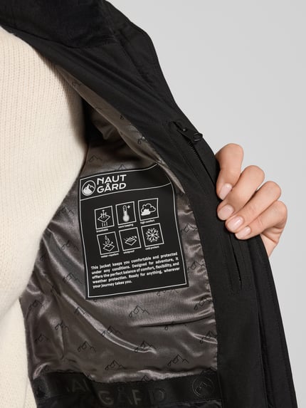 Frauenmodel trägt Steppmantel mit Zweiwege-Reißverschluss von NAUTGÅRD 'ECLIPSE', schwarze Farbe, Detailaufnahme Innenfutter, Slim Fit, abgesteppte Oberfläche, glatte Textur, Modell mit Kapuze und Kunstfell, Rückenlänge 115 cm, Schulterbreite 40 cm, Brustweite 46 cm, Ärmellänge 65 cm.