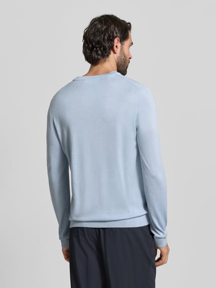 Männermodel trägt Regular Fit Pullover aus reiner Wolle Modell 'TRAY' von SELECTED HOMME in Hellblau, Feinstrick, Rückansicht, Ganzkörperansicht.