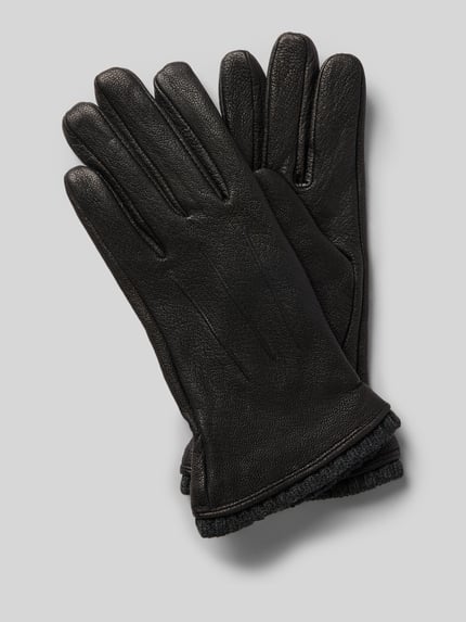 Produktfoto, Handschuhe aus echtem Leder von EEM, schwarzes unifarbenes Design, feine Ziernähte, eingefasste Abschlüsse, strukturierte Textur
