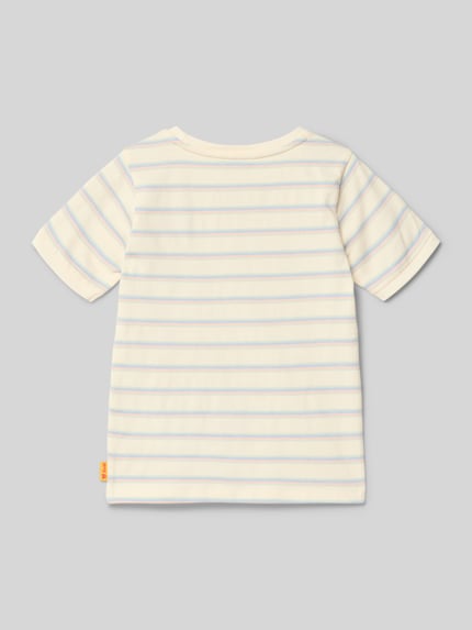 Productfoto, Regular Fit T-shirt met logostitching van Steiff voor kinderen, katoenmix, ronde hals, elastische mouwboorden, ruglengte maat 116 42 cm, lichtgeel met pastelblauwe strepen, zachte textuur