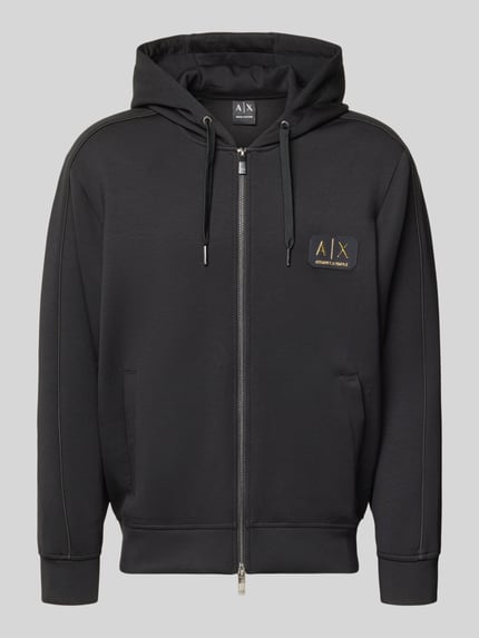 Produktfoto, bluza rozpinana z mieszanki materiałów z domieszką modalu, krój regular fit, kaptur, naszywka z logo, wpuszczane kieszenie, zamek błyskawiczny dwustronny, długość tyłu 68 cm, długość rękawów 61 cm, Sweatjacke mit Zweiwege-Reißverschluss od Armani Exchange