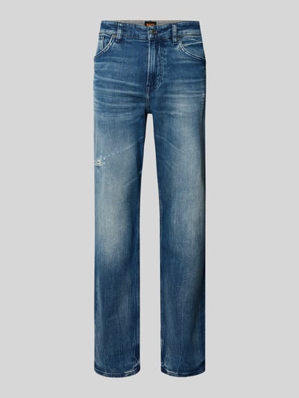 Productfoto, Regular Fit Straight Leg Jeans aus Baumwoll-Mix Modell 'RE.MAINE BO VISIBLE' van BOSS Orange, blauwe unikleuren denim met used look, 5-pocket ontwerp, label stitching, logodetail, mid waist, knoop- en ritssluiting, riemlussen, katoenmix.