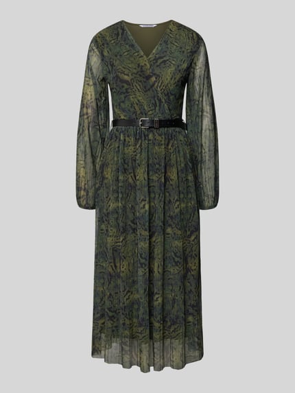 Produktfoto, Midikleid aus Viskose-Mix Modell 'Sabia' von ZABAIONE, tailliert, V-Ausschnitt, Langarm, grün gemustert, strukturierte Oberfläche