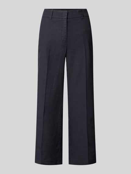 Produktfoto, Chino aus Leinen-Mix mit Bügelfalte Modell 'CALIFORNIA' von Cambio, Damen Chino in Dunkelblau, Straight Fit, Haken- und Reißverschluss, französische Eingrifftaschen, Gesäßtaschen, Bundweite 41 cm, Innenbeinlänge 68 cm, strukturierte Oberfläche