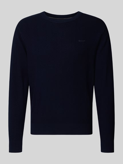 Produktfoto, dunkelblauer Regular Fit Pullover aus Baumwoll-Woll-Mix von GANT, feines Fischgrätmuster, glatte Textur, Herren Pullover