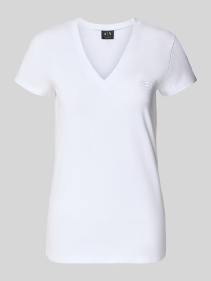Productfoto, 'T-Shirt met V-hals en Label-Stitching' van ARMANI EXCHANGE, wit, regular fit, katoen-elastaan mix, ruglengte maat S 63 cm