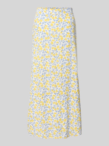 Produktfoto, maxi-rok van zuiver viscose model 'BARRI' van Pieces met all-over motief, smalle pasvorm, maxilengte, elastische boord, geel en blauw patroon