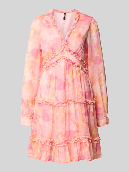 Produktfoto, Regular Fit Sommerkleid aus Chiffon Modell 'SMILLA' von Vero Moda mit Allover-Muster in Rosa, Gelb und Orange, Frill-Applikation, V-Ausschnitt, Ballonärmel, Mini-Länge, langarm, ohne Verschluss, leichte und fließende Textur