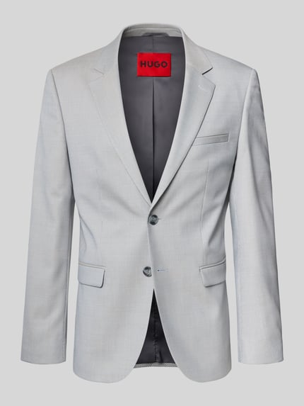 Produktfoto, Super Slim Fit Anzugsakko mit Woll-Anteil Modell 'ARTI253X' von HUGO mit Optik: Allover-Muster, Reverskragen, 2-Knopf-Verschluss, Langarm, dekorative Knöpfe am Ärmelabschluss, Doppelschlitz am Rumpfabschluss, Brustleistentasche, Pattentaschen. Hellgraue Anzug-Farben, glatte Anzug-Stoff-Textur.