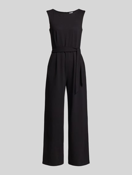 Produktfoto, Jumpsuit aus Viskose-Mix mit Bindegürtel von Jake*s Collection in Schwarz, gerade Beinform, Regular Fit, glatte Textur, Rundhalsausschnitt.