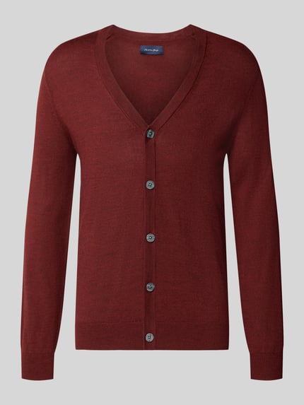 Produktfoto, Cardigan aus Woll-Mix mit V-Ausschnitt von Christian Berg Men in Dunkelrot, körpernaher Schnitt, Knopfleiste, feine Textur