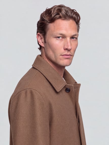 Männermodel trägt Regular Fit Steppmantel mit abnehmbaren Kapuze Modell 'Ambience' von Strellson in Braun, Nahaufnahme Oberkörper, Herren Steppmantel von Strellson.