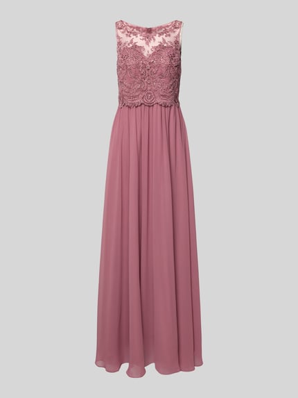 Produktfoto, Abendkleid mit Ziersteinen und floralen Stickereien von LAONA in Rosé, taillierte Passform, Rundhalsausschnitt, doppellagiger Rockteil, Rückenlänge 145 cm, Brustweite 40 cm bei Größe 36